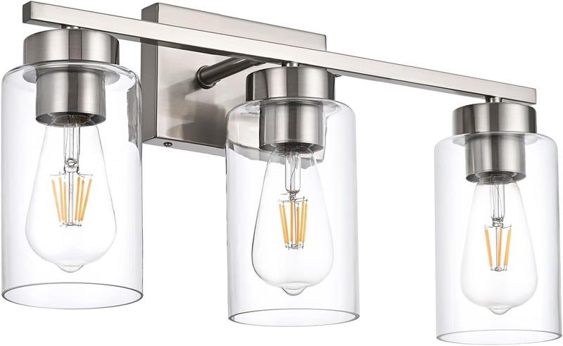 A1A9 3-Light Bathroom Vanity Light, Modern Brushed Nickel Wall Lights with Clear Glass Shades, Bathroom Wall Sconce Lamp for Mirror Living Room Bedroom Hallway - Image 2